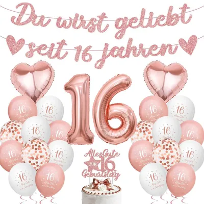 Produktbild von Geburtstagsdeko 16. Geburtstag Mädchen Rosegold Set mit Luftballons, Girlande, Tortendeko & XXL Zahlenballon
