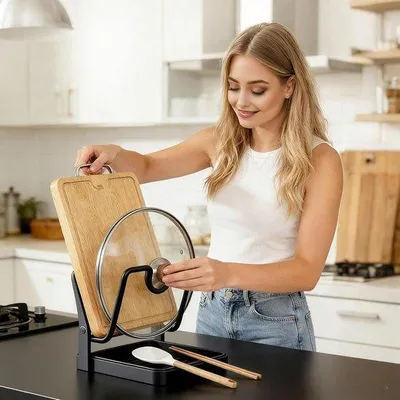 Productafbeelding van Dekselhouder Potten - Keuken Organizer - Keuken Ordenen - Met Afdruipbak - 4x15x4 cm - Grijs