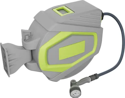 Produktbild von XINZI Automatische Schlauchtrommel 30M,180° schwenkbar, Wandmontage, Gartenschlauch mit Handbrause, Grau