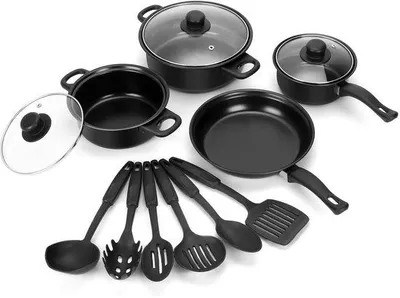 Produktbild von Topfset 13-teilig – Kochgeschirr-Set mit Pfanne, Glasdeckeln & Küchenhelfern