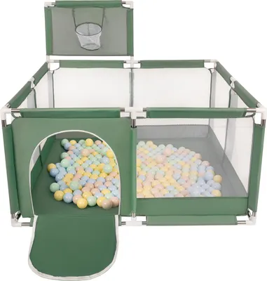 Produktbild von Selonis Laufstall Mit Korb Und 100 Bälle Laufgitter Für Kinder, Grün:Pastellbeige/Pastellblau/Pastellgelb/Minze
