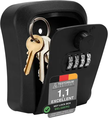 Produktbild von Tresor Schlüsselkasten, Schlüsselkasten, Schlüsselbox mit 4-stelligem Zahlencode für Außen und Innen, Tresor, Zahlenschloss, Wandmontage, Schwarz