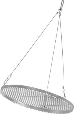 A stainless steel round grill grate suspended by wires.