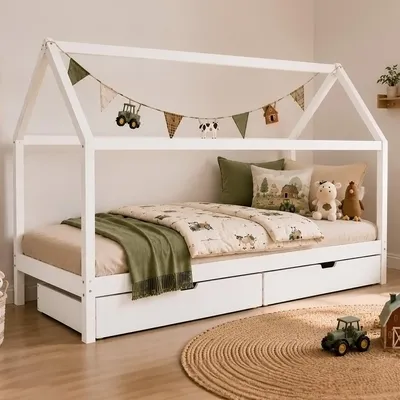 Produktbild von Homestyle4u Kinderbett 90x200 Hausbett Weiß mit Bettkasten mit Stauraum mit Lattenrost