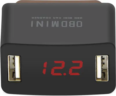Productafbeelding van OBD Mini autolader met LED-display, 12/24V, USB-oplaadpoort met 2 aansluitingen voor smartphones, zwart