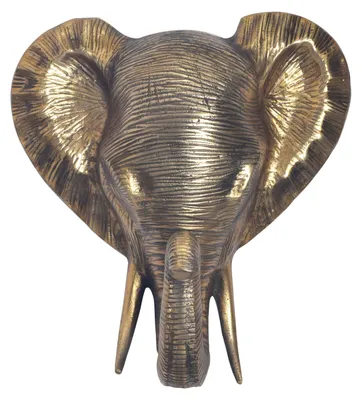 Wanddeko Elefant Tierkopf 41cm Aluminium Gold, Frontansicht mit goldschimmerndem Finish und ausgebreiteten Ohren.
