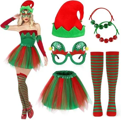 Productafbeelding van Allecto - Elfenkostuum - Kerstoutfits voor dames - Tutu-rok en hoed - Rood en groen - Cosplay-accessoires - Geschikt voor kerstfeest - 40 cm tutu-rok