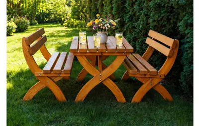 Obrázok produktu pre Pivný set BAVORD ALPIN 180x80 cm – stôl + 2 lavice s operadlom, masív smrek 50 mm, pre 4–6 osôb
