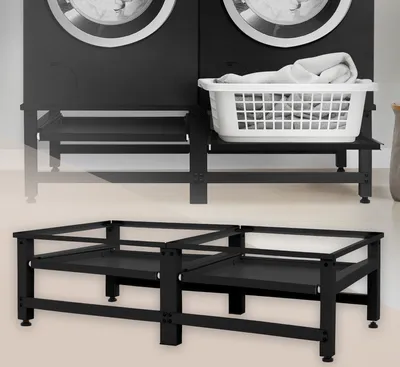 Produktbild von ML-Design Doppel Waschmaschinen-Untergestell mit 2 ausziehbaren Ablagen Schwarz Stahl, bis 150kg, Waschmaschinensockel Doppeluntergestell Doppelpodest