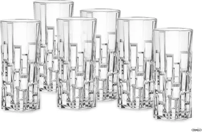 A set of six clear, tall glasses with a decorative geometric pattern on the lower half, arranged on a white background.