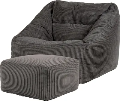 Produktbild von icon Riesen Sitzsack Sessel Bean Bag Morgan mit Hocker, Anthrazitgrau, Cord XXL Sitzsack Erwachsene mit Füllung Für Das Wohnzimmer, Riesensitzsack XXL Flauschig Cord - Hergestellt in Deutschland