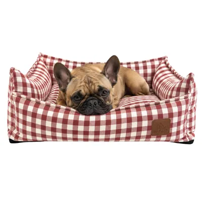 Produktbild von TATZIO Katzenbett & Hundebett waschbar herausnehmbares Kissen kariert 60x50cm rot
