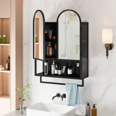 Produktbild von okwish Doppelbogen-Spiegelschrank mit verstellbaren Regalen,Moderner 2-türiger Medizinschrank Wandschrank mit Handtuchhalter und Stauraum,Schwarz