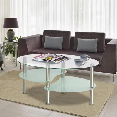Produktbild von Oval Couchtisch aus Glas mit 2 Ebenen,Beistelltisch mit Tischplatte aus gehärtetem Glas und Metallrahmen,Sofatisch für Wohnzimmer 90x50x43cm
