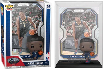 A Funko Pop! trading card collectible of Zion Williamson in its packaging, shown next to a display case version.