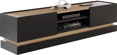 A modern TV lowboard with a black and wood finish, shown against a white background.