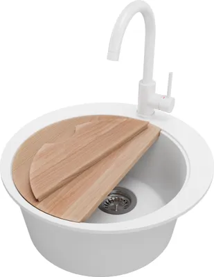 Produktbild von PRIMAGRAN Granitspüle Weiß 50x50cm, Spülbecken Rund 1 Becken + Küchenarmatur 32x20cm + Ablauf-Set + Schneidebrett, Küchenspüle ab 45er Unterschrank - Pisa