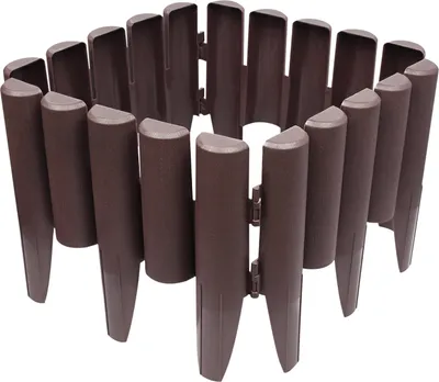 A brown plastic garden border fence arranged in a circle on a white background.