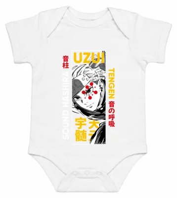 Imagen del producto de Body para bebé, color blanco, con diseño de Uzui Tengen, personaje de la serie "Demon Slayer", ideal como regalo para fans del anime. Talla: 0/3 meses