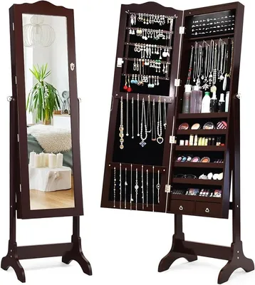 Imagen del producto de Espejo de cuerpo entero con armario para joyas, estante para joyas con cerradura y 14 luces LED, armario espejo ajustable con 2 cajones, joyero independiente (color marrón)