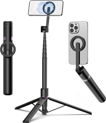 Produktbild von 167cm Magnetisches Selfie Stick Stativ, Stark Magnetischer Aluminium Halter für Magsafe, 360? Drehbar, Einziehbares Reisestativ mit Metallring&Fernbedienung, Tragbares Handystativ-Schwarz