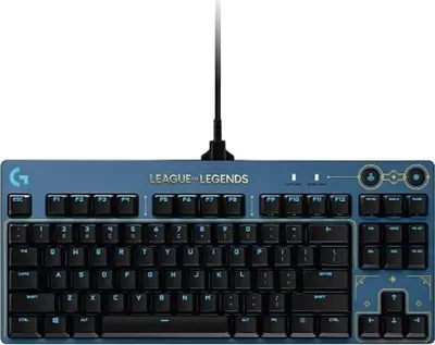 A Logitech G PRO mechanical gaming keyboard with League of Legends branding.