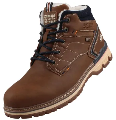 Auf dem Bild ist ein hellbrauner Stiefel zu sehen der aus Leder gefertigt ist Die Sohle und der Absatz sind dunkelbraun und fest Der Stiefel ist von der rechten Seite abgebildet