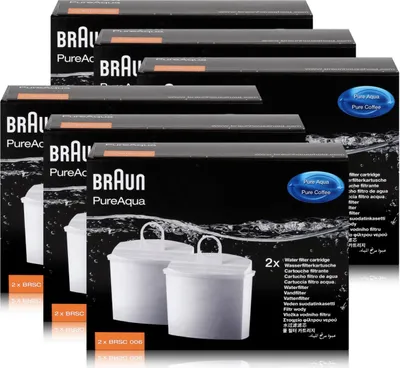 Several boxes of Braun PureAqua water filter cartridges are stacked and arranged in a visually appealing way, with some of the white filter cartridges peeking out from the bottom of the boxes.