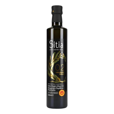 Sitia Premium Gold 0,2 % Olivenöl Glasflasche auf weißem Grund