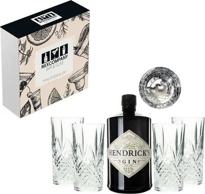 Produktbild von Hendricks Geschenkset - Handcrafted Gin 0,7L (44% Vol.) + 4 x Original Hendricks Longdrink Gläser (nicht geeicht) mit Geschenkbox- [Enthält Sulfite]