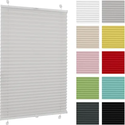 A light gray pleated blind is shown in the center of the image, with a grid of smaller swatches of different colored pleated blinds arranged to the right.