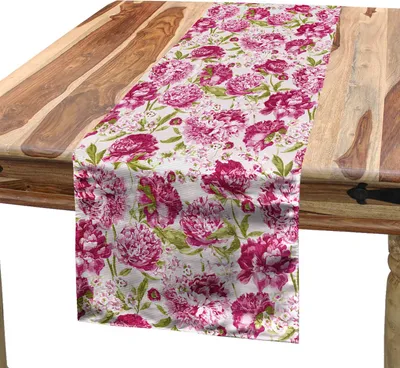 Produktbild von ABAKUHAUS Blumen Tischläufer, Blumenmotiv-Weinlese-rosa Pfingstrosen-und Blatt-Frühlings-Natur-Muster, 40 x 300 cm, Olivengrün Weiß Rosa