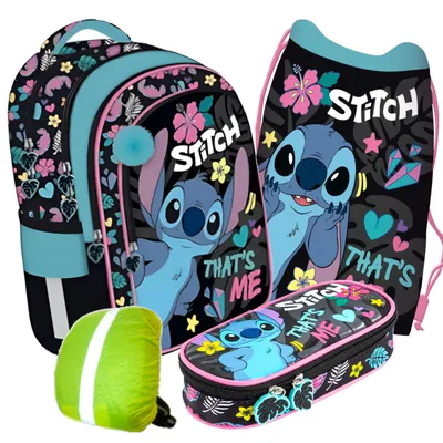 Produktbild von Schulranzen für Jungen und Mädchen, 4er-Set - Schul-Rucksack für Kinder mit Schlampermäppchen- und Regenschutz - Stitch Motiv