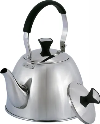 A stainless steel teapot with a black handle and lid knob, shown on a white background. The lid is partially detached.