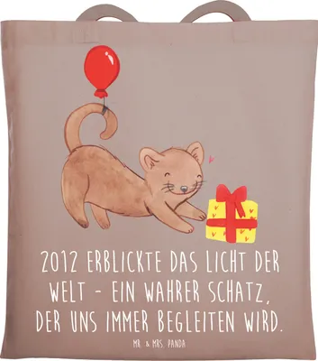 Produktbild von Mr. & Mrs. Panda Tote Bag 2012 Geburtstag - Braun Pastell - Geschenk, Beutel, Tasche, Schultasche, Jutebeutel, Geburtstagsgeschenk, wahrer Schatz, Retro, Einkaufstasche