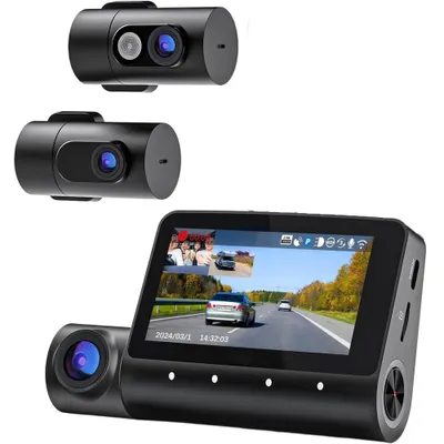 Image de dashcam 3 canaux, 4K+1080P+1080P Dashcam voiture avant intérieur arrière GPS 5.2GHz WiFi 3" écran IPS surveillance de stationnement