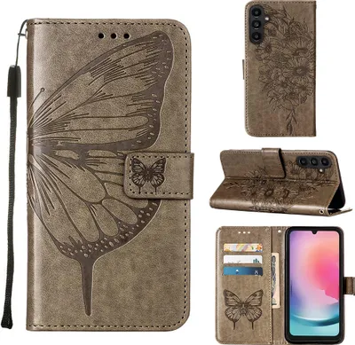 Produktbild von Lederhülle für Samsung Galaxy A15 Schmetterling Prägung Flip Ledertasche Kartenfächer Handyhülle mit Ständer Grau