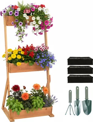 Produktbild von Relaxdays Vertikalbeet, Holz, HBT: 140x60x50 cm, Hochbeet 3 Kästen, Etagenbeet Balkon, Terrasse, Vlies & Zubehör, natur