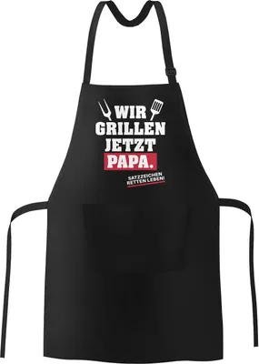 Produktbild von Premium Grill-Schürze für Männer Wir grillen jetzt Papa. Satzzeichen retten Leben! Geschenk Väter lustig Moonworks® schwarz Herren