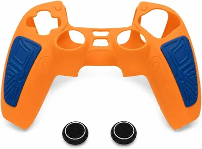 Productafbeelding van Beschermhoes - Geschikt voor PlayStation 5 - Siliconen hoes - Controller - Beschermhoes met gripzones en 2 thumbstick - Dopjes - Oranje - Blauw