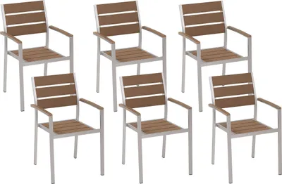 Produktbild von BELIANI Gartenstuhl 6er Set Hellbraun Kunstholz Holzoptik Aluminiumgestell mit Armlehnen stapelbar Modern Outdoor Indoor Esszimmer Terrasse Balkon