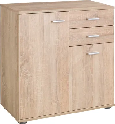 A light wood-colored cabinet with two doors and three drawers against a white background.