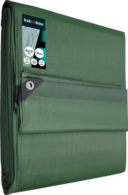 A folded green tarp with a label showing product details.