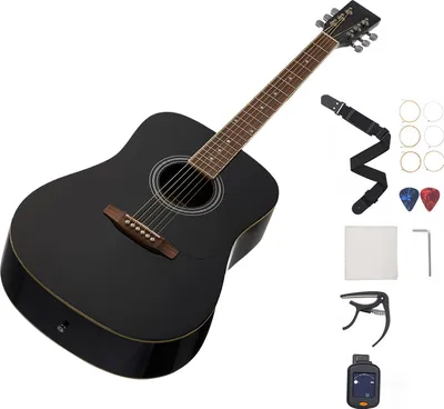 Obrázek produktu pro SucceBuy akustická kytara Dreadnought, 1041,4 mm, kompletní sada pro začátečníky s brašnou, ladičkou, popruhem, ocelovými strunami, trsátky, kapodastrem, palisandrovým hmatníkem, pro dospělé, černá