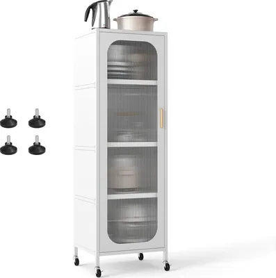 Zdjęcie produktu dla KOMFOTTEU Szafka kuchenna na kółkach, 5-poziomowa szafka bufetowa z regulowanymi półkami, wysoka szafka z przezroczystymi drzwiami, wielofunkcyjna szafka do jadalni, salonu, 45 x 40 x 141 cm (biała)