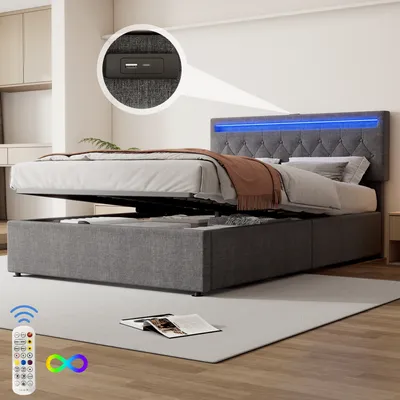 Produktbild von Flieks Polsterbett 140x200cm mit Ladefunktion (USB & Typ-C), Stauraumbett Doppelbett Jugendbett mit LED, Hydraulisches Boxspringbett Holzbett, Leinen