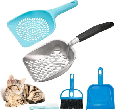 Produktbild von 4 Stück Katzenstreu Schaufel Reinigungswerkzeug, Katzenklo Schaufel Aus Robustemaluminium, Größe Silikon Langgriff Tiefer Schaufel mit Kleine Löcher Kunststoff Katzenschaufel Schaufel Besensets (Blau)