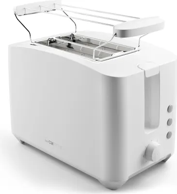 A white Clatronic toaster with a chrome bun rack on top, set against a white background.