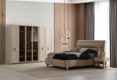 Produktbild von Beige Schlafzimmer Garnitur Doppelbett 2x Nachttische Kleiderschrank