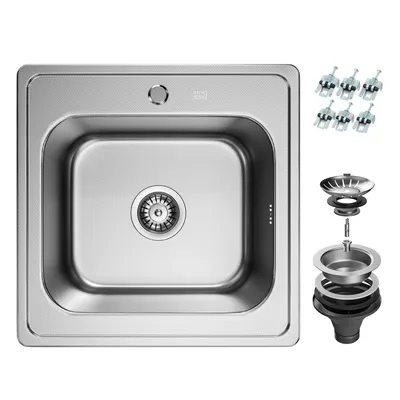 Produktbild von ANW HOME Einbauspüle Edelstahl 48x48 cm Decor – Küchenspüle 1 Becken, 18 cm tief, Spülbecken Set mit Siphon und Ablaufgarnitur